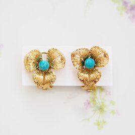 GERMANY　ドイツ　ゴールドトーン　ブルービーズ　フラワー　イヤリング　/　CJ5189