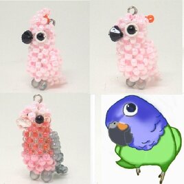 モモイロインコ オオバタン　ビーズの小鳥3WAYストラップ(ストラップ・イヤホンジャック・ファスナーチャーム）