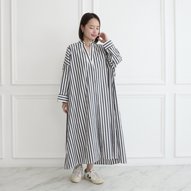 シャツワンピース　コットン　ブラック×ホワイトストライプ　0180BK/WH