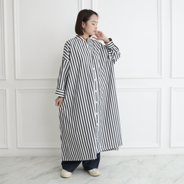 コットン ストライプ シャツワンピース 前開きボリュームシャツワンピ　ブラック/ホワイト　0285BK/WH