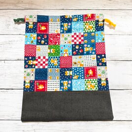 巾着袋　大　【和柄・パッチワーク柄×柴犬】