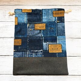 巾着袋　大　【デニム柄】