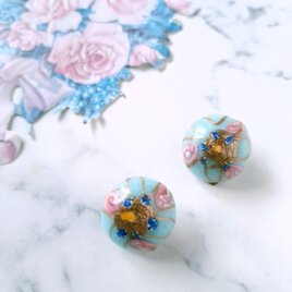 venetian glass light blue pink flower ヴィンテージイヤリング