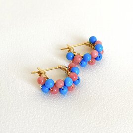 【ピアス】ターコイズ & ピンク珊瑚 2連 フープ クロッシング ゴールド ピアス K16GP アレルギー対応