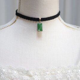 【受注製作】レジンアート　長方形モチーフとタティングレースとベルベットリボンのチョーカー〈翡翠の囁き〉