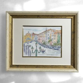 水の都(水彩画、原画、イタリア、ヴェネツィア、額つき)