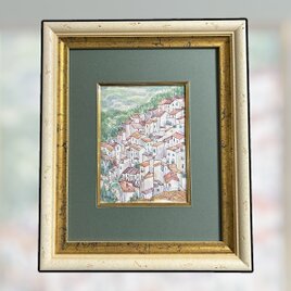 アンダルシアの白い村カサレス（水彩画、原画、透明水彩、スペイン、アンダルシア、額付き）