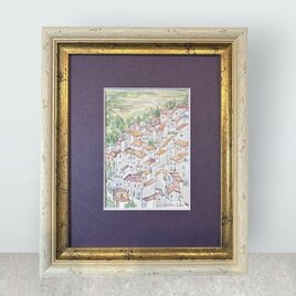 アンダルシアの白い村カサレス②（水彩画、原画、透明水彩、スペイン、アンダルシア、額付き）