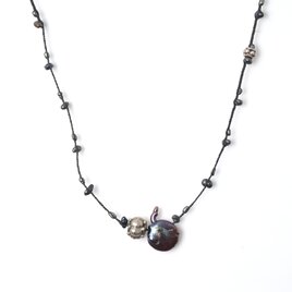 -India silver・Black pearl- braid necklace