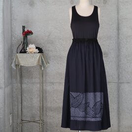 兵児帯のフレアロングスカート 　濃紺　フリーサイズ　　着物リメイク