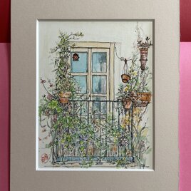 楽しい窓辺（水彩画、原画、スペイン、額付き）