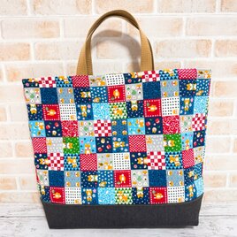 大きいレッスンバッグ(裏キルト)　【和柄・パッチワーク柄×柴犬】