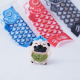【受注製作】‐端午の節句・こどもの日コスプレ‐ 柏餅パンツのまゆパグの赤ちゃん(フォーンパグ・黒パグ)　羊毛フェルト