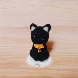 小さくて目のクリクリの可愛い黒猫　　口にくわえてるのタイ焼きだよ