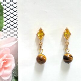 【タイガーアイのピアス】イエローストーン＊上品＊揺れるスタッドピアス＊決断力＊判断力＊仕事＊大人シンプル＊天然石ピアス
