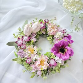 チューリップとアネモネのふわふわリース（直径約28cm） /アーティフィシャルフラワー/新築祝い/開店祝い/母の日
