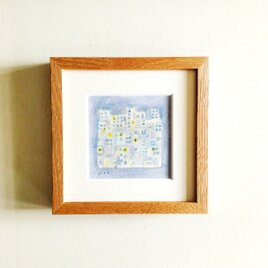 【一点物】原画 「遠くの町」※木製額縁入り（18㎝角）水彩・イラスト・北欧インテリア・送料無料