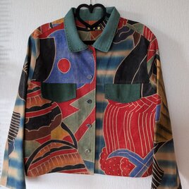 古布リメイク　柿渋染ののぼり旗Gジャン風ジャケット　刺し子　オリジナル　柿渋染　のぼり旗リメイク