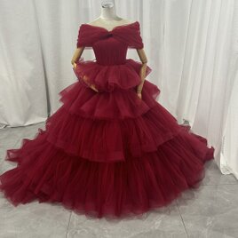 カラードレス ワインレッド 取り外しオフショルダー リボン プリーツスカート ボリュームドレス 花嫁