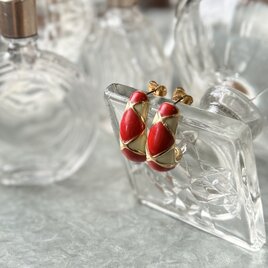 PA501-【 AVON 】エイボン・ヴィンテージピアス Red & White Harlequin Enameled