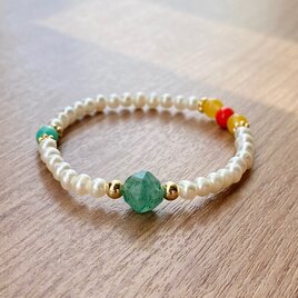 グリーンアベンチュリン & パール ヴィンテージ カラービーズ ブレスレット