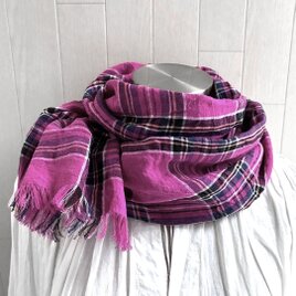 東炊き リネンのストール　チェック　ホットピンク