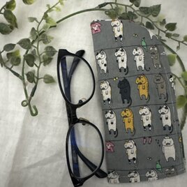 ハンドメイド♡メガネケース♡リネングレー洗濯猫ちゃん柄♡♡普通タイプ