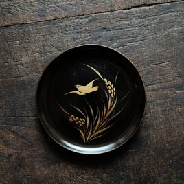 【特価¥1500→¥950】鳥と稲穂◆味のあるお品物。時代物　漆芸蒔絵中皿　漆器　骨董/antiques 明治期【個体A】