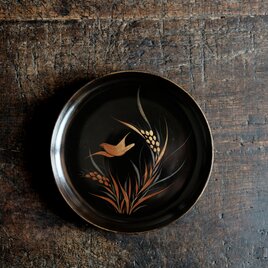 【特価¥1500→¥950】鳥と稲穂◆味のあるお品物。時代物　漆芸蒔絵中皿　漆器　骨董/antiques 明治期【個体D】
