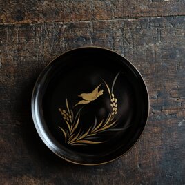 【特価¥1500→¥950】鳥と稲穂◆味のあるお品物。時代物　漆芸蒔絵中皿　漆器　骨董/antiques 明治期【個体E】