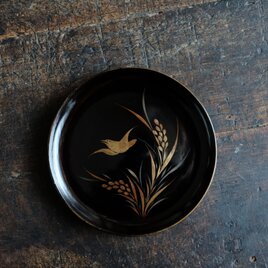 【特価¥1500→¥950】鳥と稲穂◆味のあるお品物。時代物　漆芸蒔絵中皿　漆器　骨董/antiques 明治期【個体F】