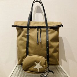 コーデュラナイロン・ファスナーレザー持ち手トートバッグ