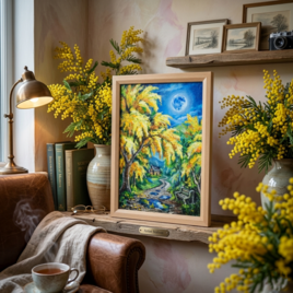 【原画】ミモザの輝きが部屋に灯る。油彩画「静寂を照らすミモザの森」一点もの 　油絵 絵画 ミモザ  癒し インテリア