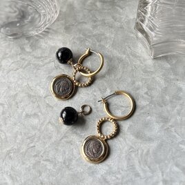 P765-ヴィンテージピアス U.S.A. 1980-90's 4way Coin & Black Bead Hoop