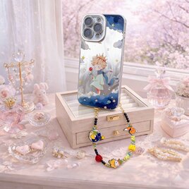 iPhoneケース 星空イラスト ビーズハンドストラップ付き 童話風 アートケース