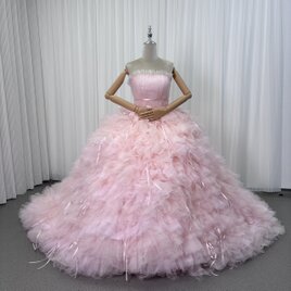 豪華！カラードレス ピンク ベアトップ グラデーション 柔らかく重ねたチュールスカート リボン 花嫁 前撮り