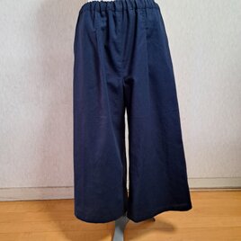 コットンリネン　ガウチョパンツ　ワイドパンツ　ネイビー　紺　Lサイズ