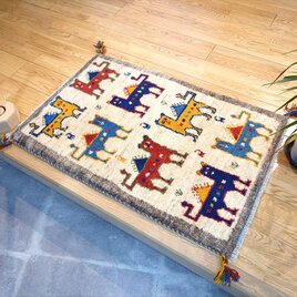 ペルシャ　ギャッベ　玄関マット　ラグ　90x60㎝　ライオン　ベージュ　グレー　RJ14116