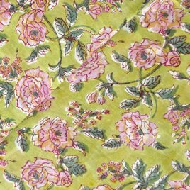 インド ブロックプリント生地 [50cm単位切売] サンガネリ バラ on グリーン ローズ 薔薇 IF0515