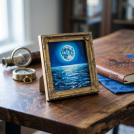 【蒼の深淵に眠る光】デスクに飾る小さな油絵 / 青い海の幻想風景 ミニ色紙 額縁付き