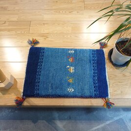 ペルシャ　ギャッベ　玄関マット小　ラグ　56×37cm　青色　ラクダ　NN19312