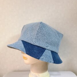 魅せる☆一点物!!あら不思議♪四角いトップのリバーシブルハット大人カジュアル～綿ニット&リメイクデニム·