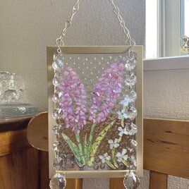 春のお花と水玉のゴールドフレーム　ガラスチェーン付　シェルアートフレーム　｜ coastal decor