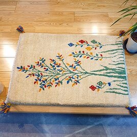 ペルシャ　ギャッベ　玄関マット　ラグ　92x63cm　アイボリー　花　RJ14707