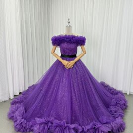 カラードレス パープル 取り外しオフショルダー シークインチュール ラッフルフリル ロングトレーン 披露宴