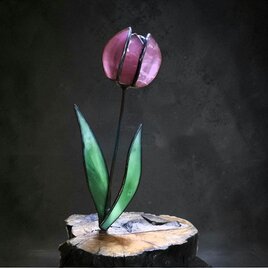 一点物 わびさびシリーズ チューリップ ステンドグラス バーナーワーク ワイヤー 流木 アート