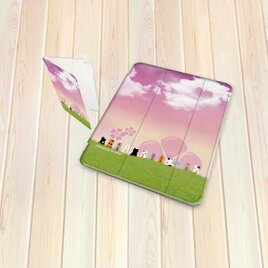手帳型 iPadケース 【バックカバー：ハードタイプ】片面印刷/カメラ穴有【ほのぼのにゃんこ・せいぞろい（恋空花）】