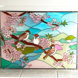 雀が集う桜のハーモニー　ステンドグラス風アート