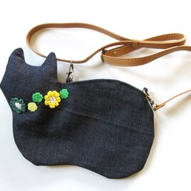 新作＊斜め掛け お花モチーフ仔猫バッグ＊グリーン