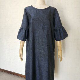 大島紬リメイク　ギャザー袖ワンピース